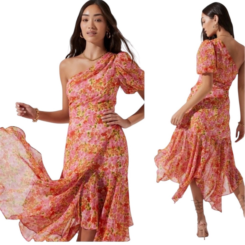 Astr One-Shoulder Floral Midi Dress in Pink and Orange